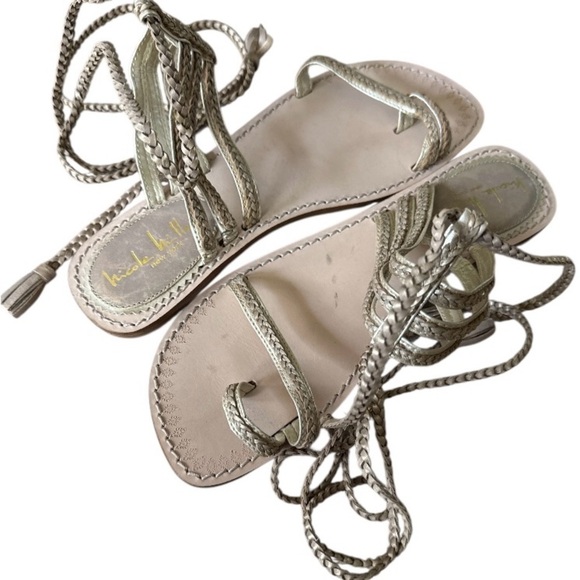 Nicole Miller Lace-Up Sandals gold toned tassels braided size 6 leather - Picture 1 of 5